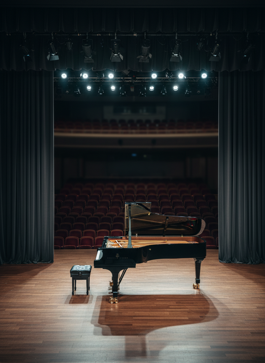 A grand concert hall stage seen without performers, only a single black glossy grand piano slightly off-center, its lid open revealing muted golden strings. The stage floor is warm dark wood with a subtle sheen, framed by heavy charcoal-gray curtains that fall in soft vertical lines. Overhead, diffused stage lights cast a gentle, cool-white glow, creating delicate reflections along the piano’s curved body and faint, elegant shadows behind it. The background fades into a soft blur of empty seats in deep wine tones. Photographic realism with a minimalist, sophisticated composition using the rule of thirds, shallow depth of field, and a calm, expectant atmosphere that evokes classical lyric soprano repertoire without showing any people.