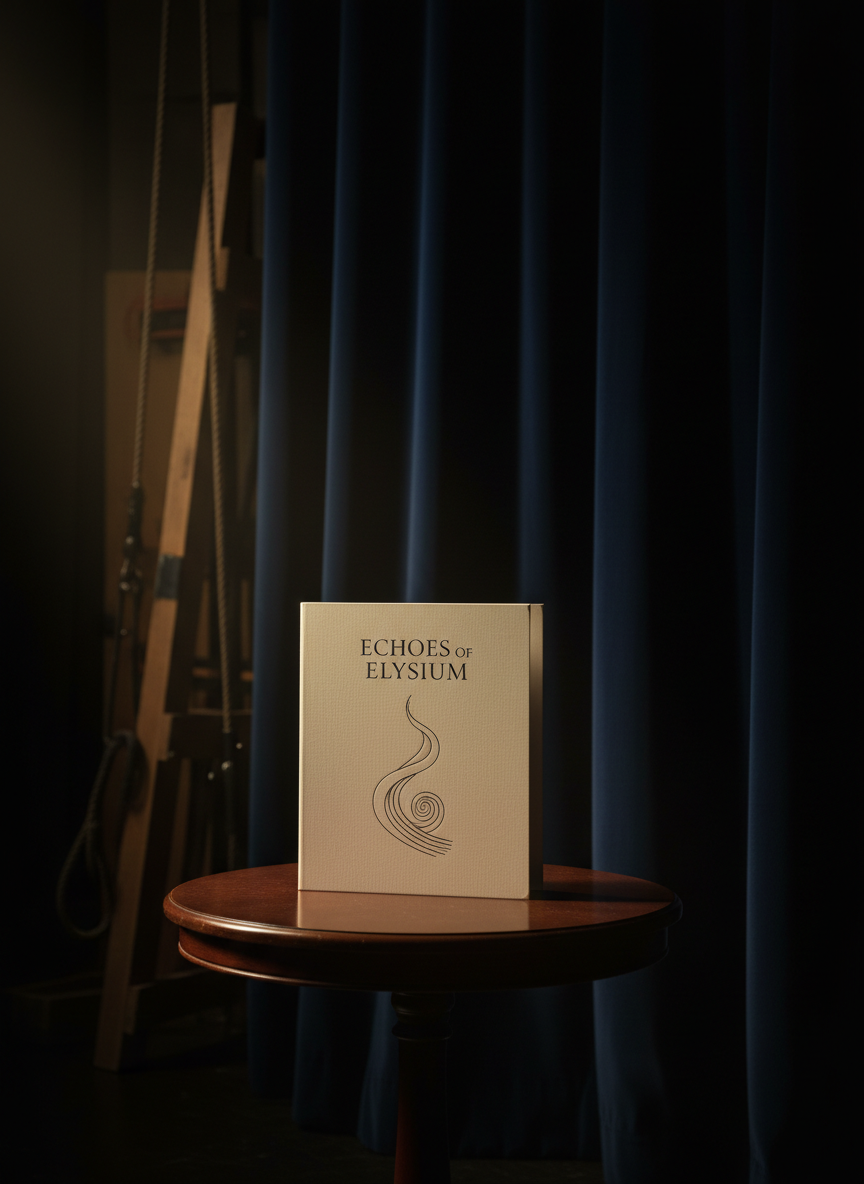 An elegant opera libretto resting on a small round table next to a stage wing, its cream cover featuring minimalist typography and a delicate, abstract line drawing suggestive of a voice rising. The table is dark, satin-finished wood, and behind it, the edge of a heavy, deep-navy curtain disappears into darkness. A single narrow beam of warm stage side-light grazes the libretto and table, leaving most of the surroundings in refined shadow. Faint outlines of set pieces and rigging are barely visible in soft blur. The composition uses strong negative space and a subtle vignette, captured from a slightly low angle to give the simple objects quiet importance, conveying anticipation, drama, and the inner world of operatic performance.