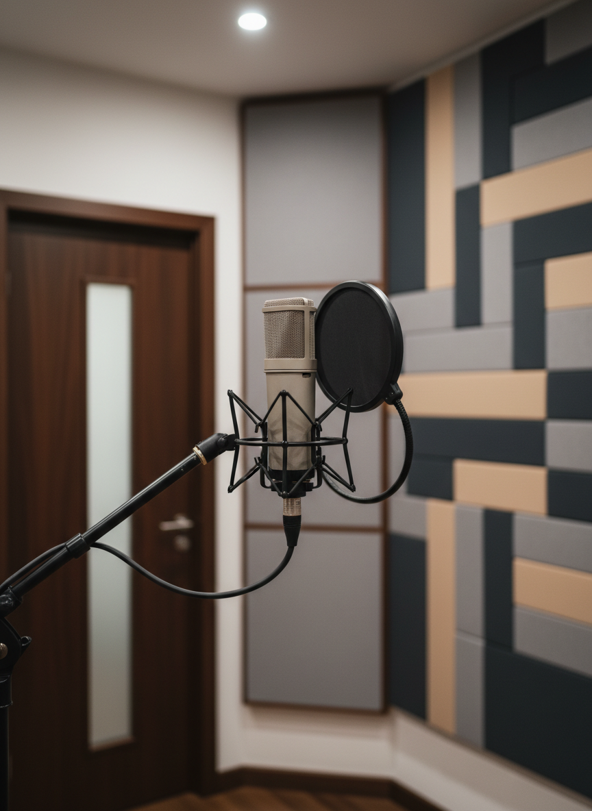A sleek, modern recording studio corner featuring a large-diaphragm condenser microphone suspended in a shock mount, positioned in front of a matte-black pop filter. Behind, a floor-to-ceiling wall of acoustic panels in soft grays and taupes forms a geometric pattern with subtle depth. Soft, diffused overhead lighting creates gentle highlights on the brushed metal microphone body and casts refined, minimal shadows on the panels. A closed, dark wood door with a slim, frosted glass panel sits blurred in the background. Photographed at eye level with a shallow depth of field, the image feels intimate and focused, evoking the precision and nuance of recording lyrical soprano vocals with a clean, contemporary, photographic realism aesthetic.